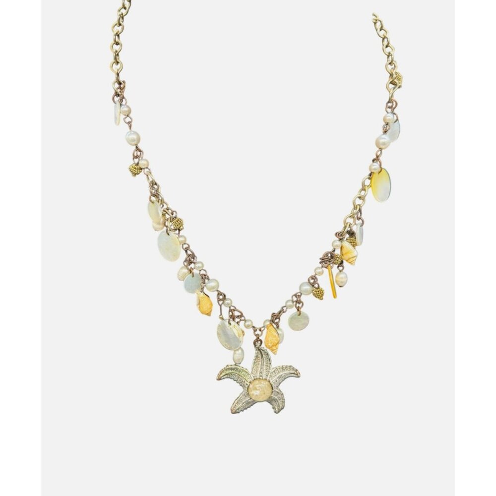 Artisan Faux Pearl Beaded Starfish Pendant Y Drop Necklace Coastal Boho